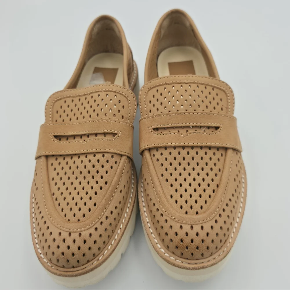 Dolce Vita Tan Perforated Platform Penny Loafers Lug Sole 7.5